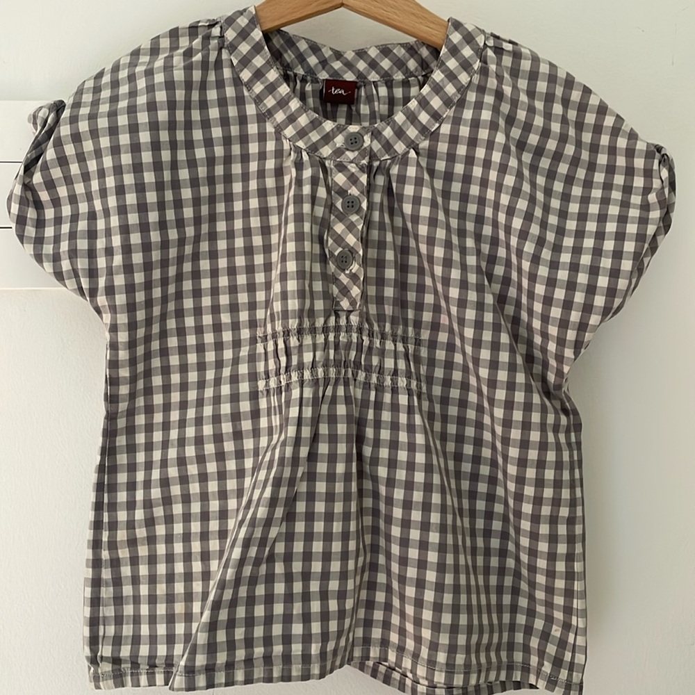 Tea girls gingham print blouse short sleeve gray white size 4